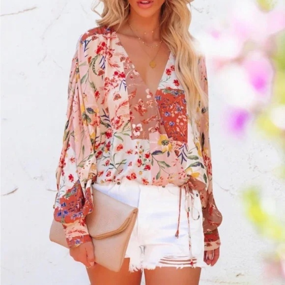 Vici Floral Spring Long Sleeve Tie V Neck Button Sleeve Blouse